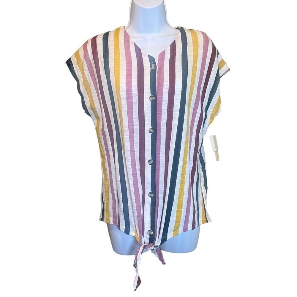 Bobbie Brooks Shirt Stripes Front Button Hem Knot Tie Cap Sleeves Womens Small﻿
